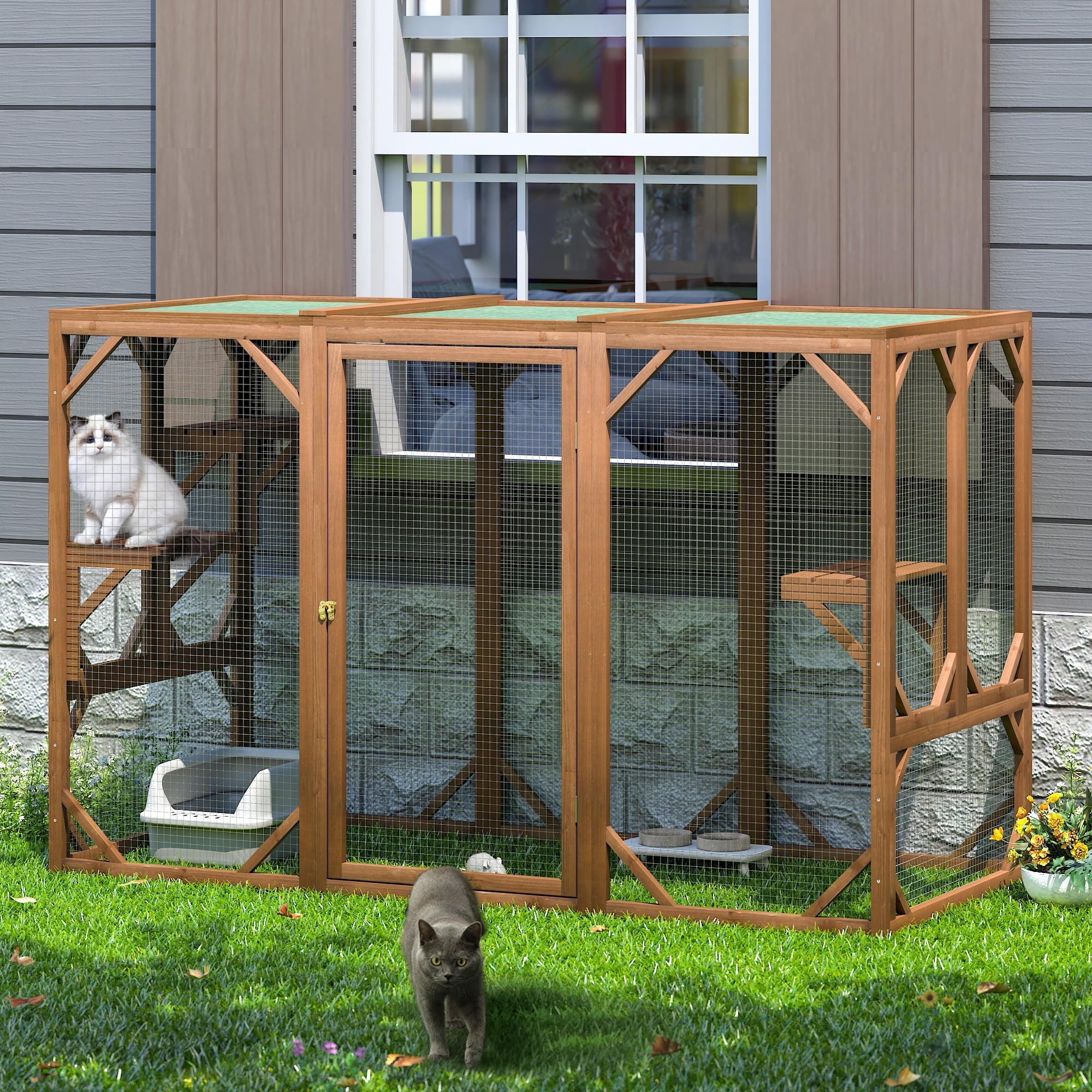 Coziwow Outdoor Cat House Enclosure Pet Cage Catio W/ Asphalt Roof, 3 Platforms, Gray