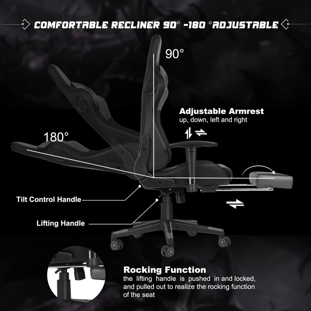 Gaming Chair with Speakers, Video Game Chair with RGB LED Lights, Footrest, Ergonomic Racing Computer Gaming Recliner Chair Swivel E-Sports Chair with Lumbar Support Headrest Armrest, Black