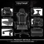 Gaming Chair with Speakers, Video Game Chair with RGB LED Lights, Footrest, Ergonomic Racing Computer Gaming Recliner Chair Swivel E-Sports Chair with Lumbar Support Headrest Armrest, Black