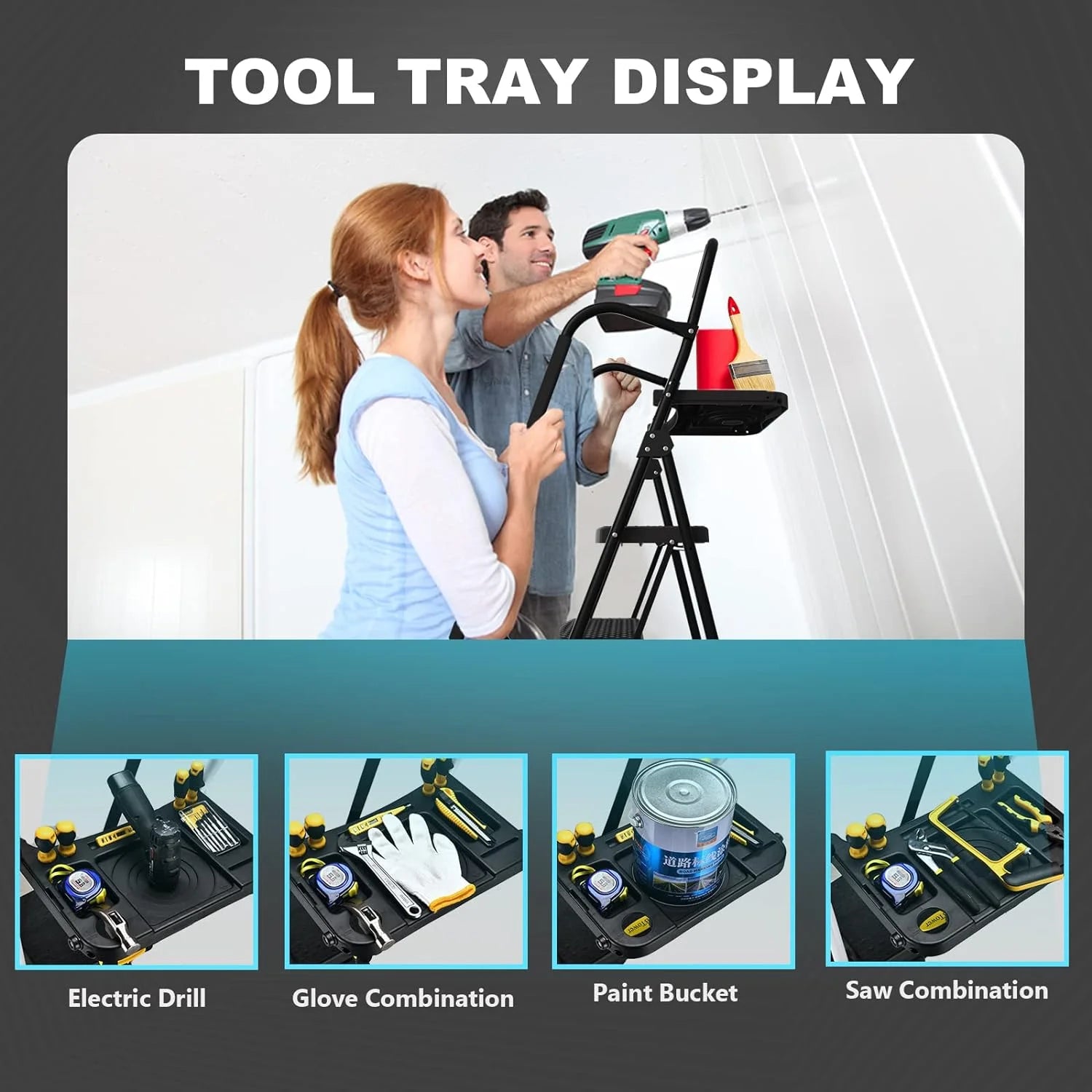 HBTower Folding 5-Step Ladder, 330lbs, with Handrails and Tool Tray and Anti-Slip Pedal, Black