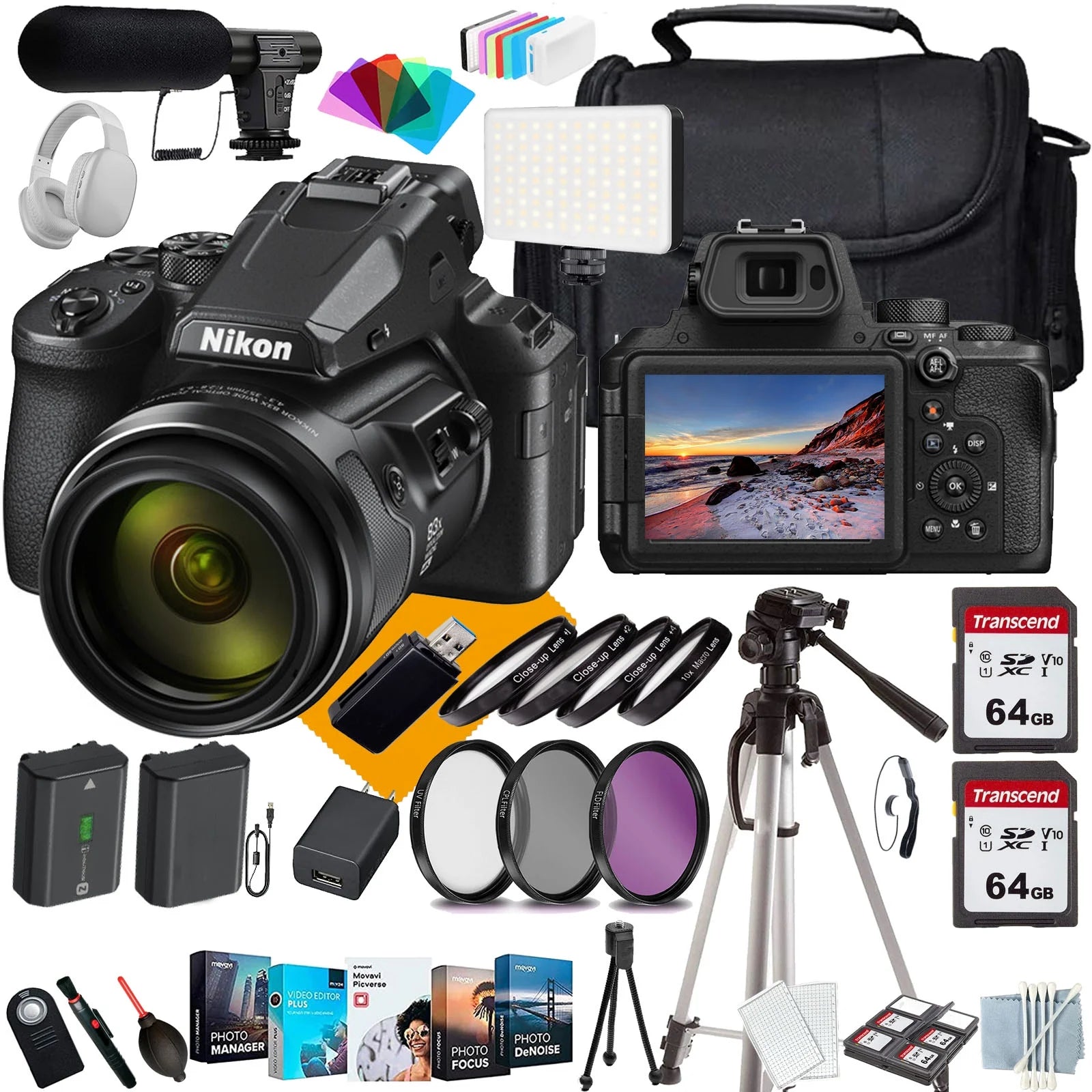 Nikon COOLPIX P950 Digital Camera wtih NIKKOR 83x Optical Zoom Lens, 24-2000mm (35mm Equivalent)+Case+128 Memory Cards+Headphones+LED Light+Shot-Gun Microphone+Extra Battery+Tripod(22PC)