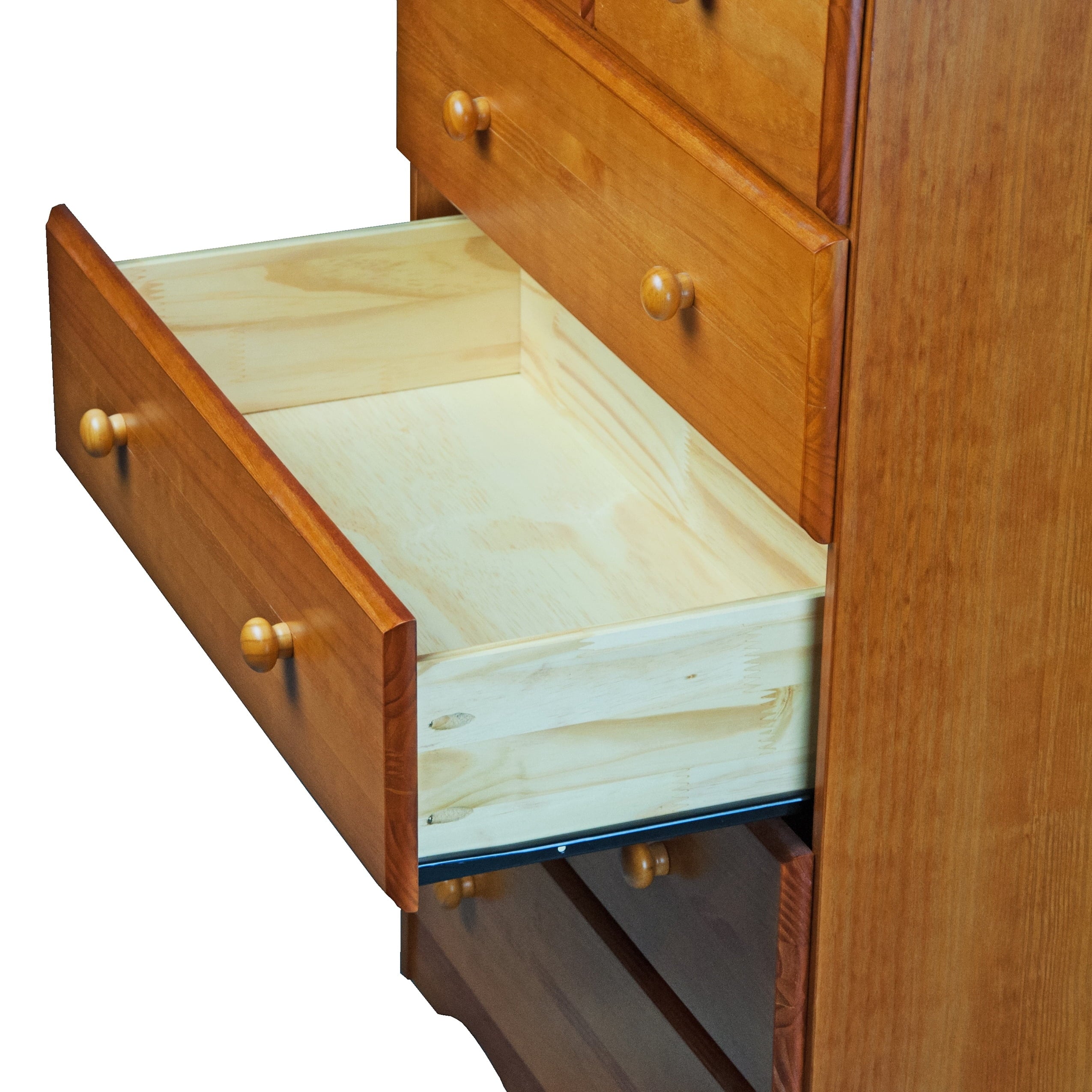 Palace Imports  100% Solid Wood 5-Drawer Chest with Metal or Wooden Knobs Honey Pine Stained Medium Wood