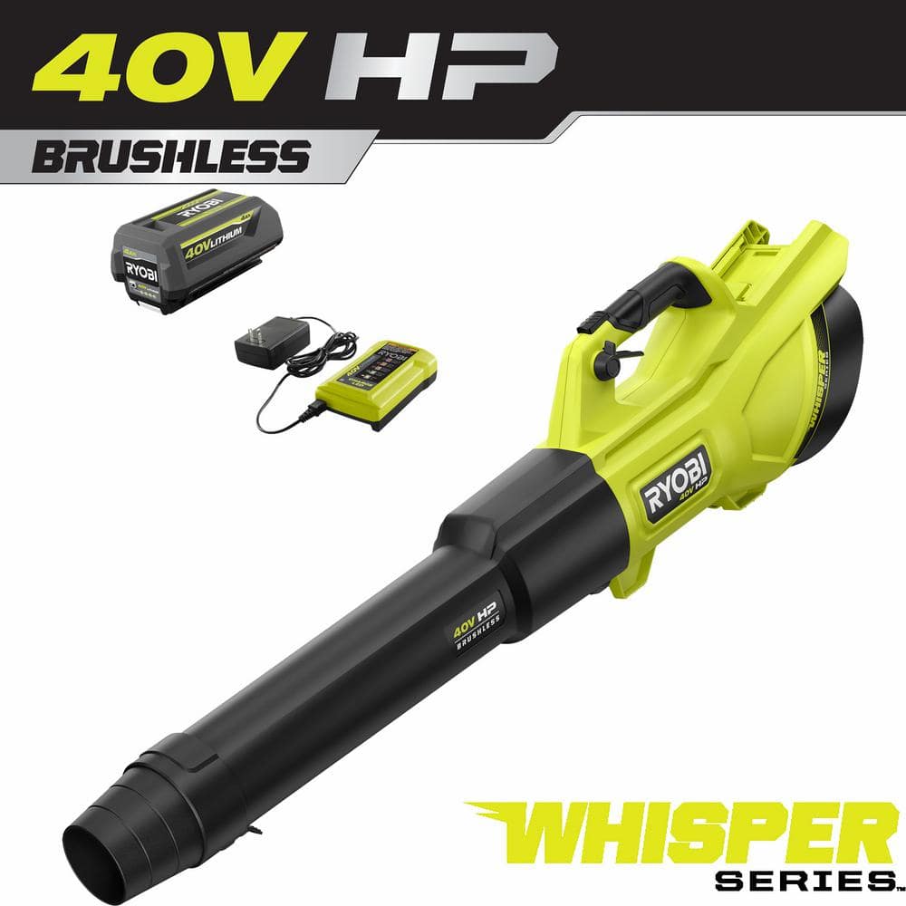 40V HP Brushless Whisper Series 155 MPH 600 CFM Cordless Battery Leaf Blower with 4.0 Ah Battery and Charger RY404130
