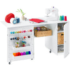 Best Choice Products Large Folding Sewing Table, Multipurpose Portable Craft Station &amp; Side Desk w/Compact Design, Caster Wheels, Storage Shelves, 2 Storage Trays, Pegs, Magnetic Doors - White