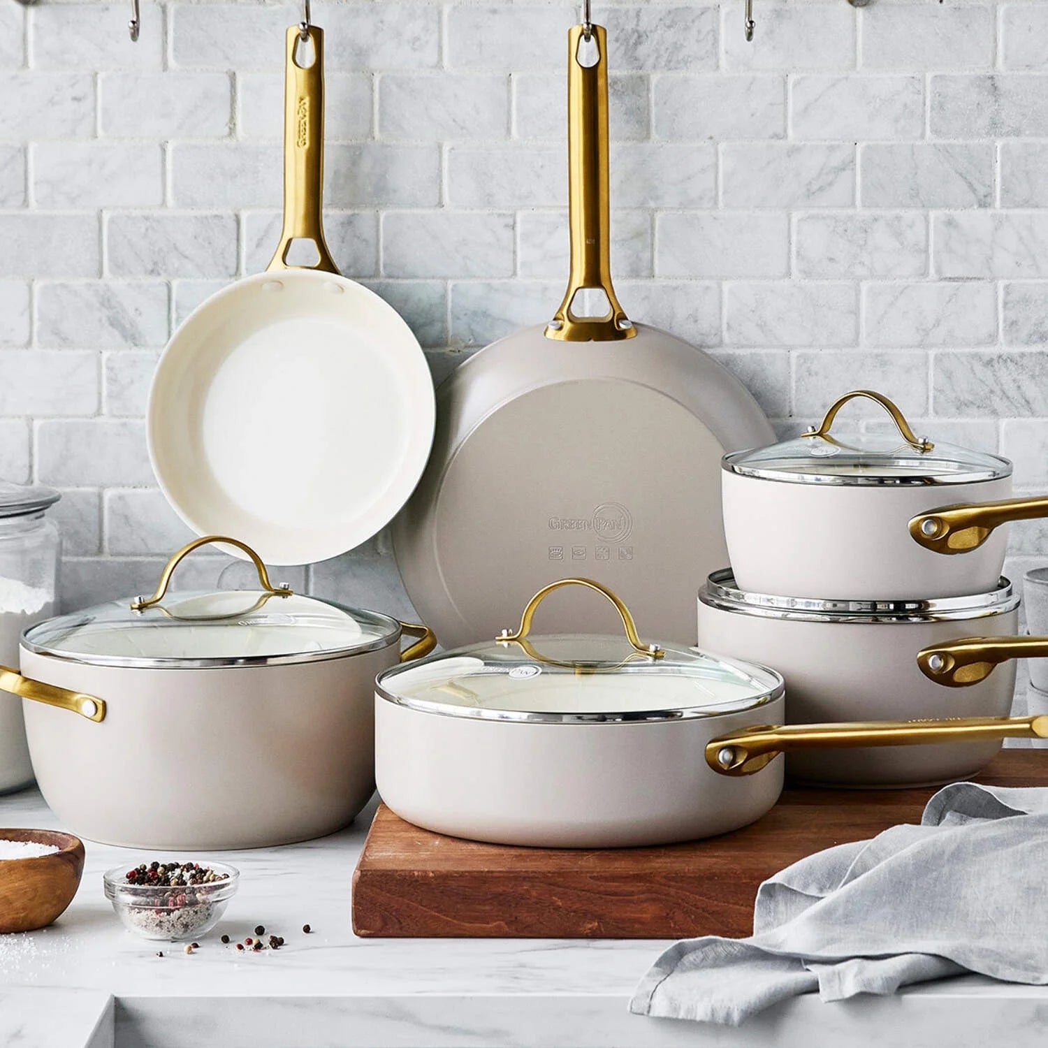 GreenPan Reserve Ceramic Nonstick 10-Piece Cookware Set | Taupe with Gold-Tone Handles