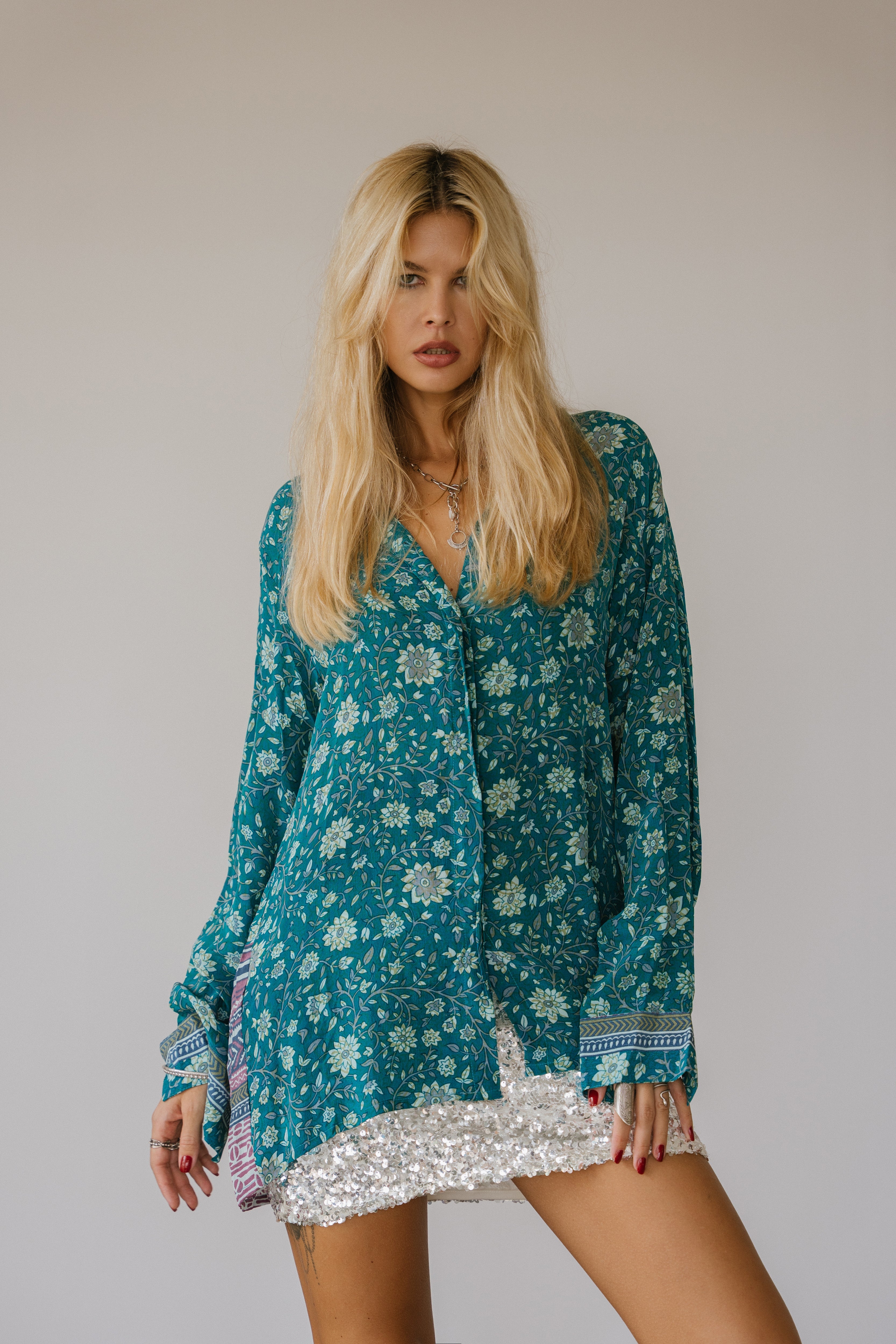 Open Back Boyfriend Shirt - Aquamarine